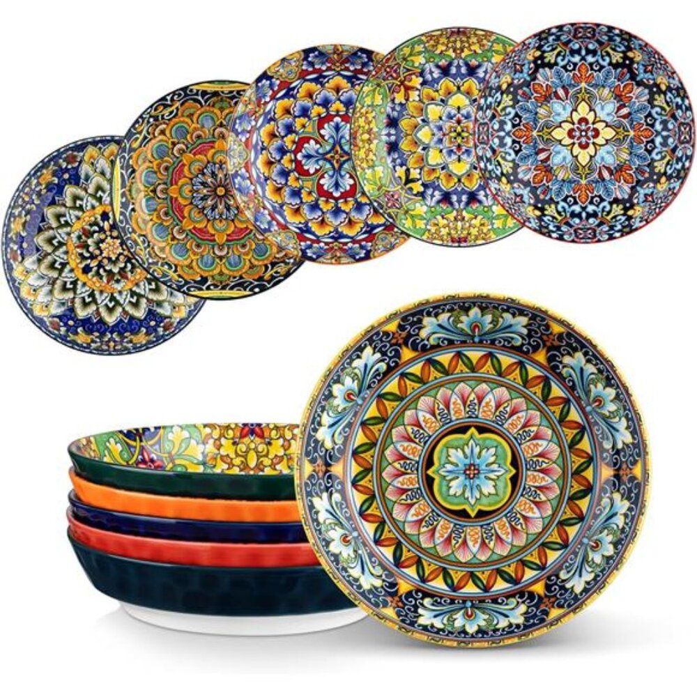 New 32 Oz Pasta Bowls Sets of 6, Ceramic Large Colorful Salad Serving